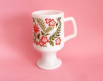 60s Orange and Olive Green Floral Footed Milkglass Mug