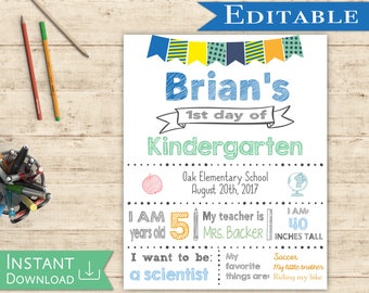 First day of School Sign Editable white board Boy Back to School 1st day of School, DIY Printable Blue Green Orange white background, Flags