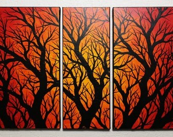 Painting: Triptych silhouettes branches.
