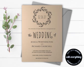 Kraft Wedding Invitation Template - Kraft Invitation Template - Instant Download Printable Invitation Set - Kraft Wedding Invitation Set