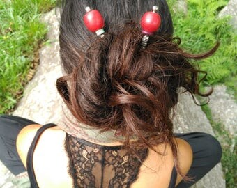 Tibetan hair stick. Handmade hair stick. Tibetan hair jewelry. Red hair stick. Natural resin hair stick.