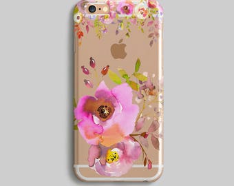 Watercolor iPhone 7 Plus Case, Floral Clear iPhone 6S Case, Flowers Clear Phone Case, Rubber Phone Case, Transparent iPhone 7 Case