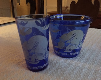 Vintage Hazel Atlas Cobalt Blue Glass Ships Windmills Ice Bucket 4 1/4" and Tumbler
