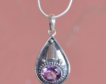African Purple Amethyst Natural Gemstone Handmade 925 sterling silver Pendant with snack chain