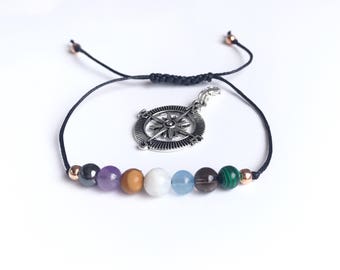 Safe Travelling, Holidays & Journeys. Travel Protection. Gemstone Bracelet. Travel Gift. Unisex. Graduation Gift. Includes a Compass Charm.