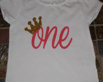 First birthday shirt, one with crown shirt, birthday shirt, first birthday, glitter shirt, glitter crown shirt, princess birthday shirt