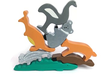 Balancing wooden toy - australian animal set - stacking game - gift for children with crocodile, koala and kagaroo