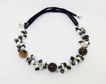 Necklace vintage smoky quartz, quartz, pearls black and white de Thaiti.