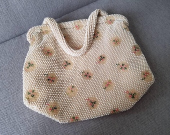 Vintage Lumared Corde Bead Hand Bag Floral pattern Lucite beads