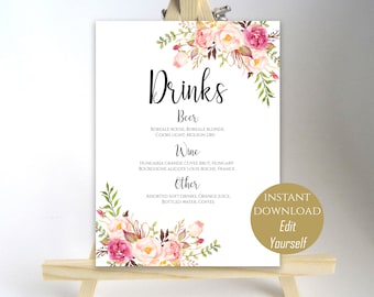 Bar Menu Sign The Bar Sign Bar Menu Printable Drinks Sign Bar Menu Template Printable Template Editable Signs 8x10, 16x20 PDF Pastel Blooms