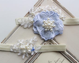 Something Blue Garter ,Bridal Garter , Wedding Garter, Lace garter , Vintage style Garter, Flower Garter , Stretch Lace Garter Set