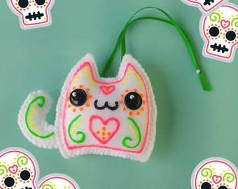 Kawaii Sugar Skull Cat Stuffed Ornament & Kawaii Christmas Tree Decoration, Kawaii Dia de los Muertos Food Christmas Ornament
