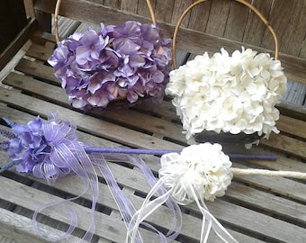 Flower Girl Basket Covered with Hydrangea Petals, Can Be Customized, Shown With Matching Wands (also available in separate listing)