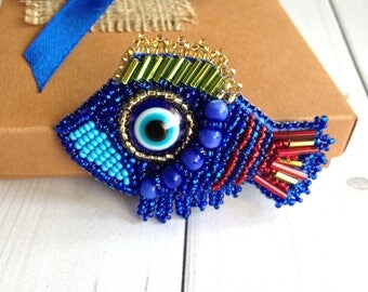 Fish brooch Blue jewelry Cat eye Gift for her Stone Women gift Beadwork Stone jewelry gift Birthday Fulfills wishes)