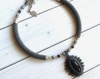 Gray necklace Agate pendant Black agate Stone women gift Elegant Gemstone necklace Beadwork Stone Jewelry Gift for her