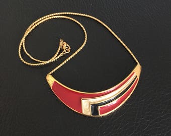 Monet signed red, black and cream enamel and gold plated necklace