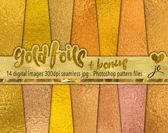 Gold Foil Digital Papers + BONUS Photoshop Pattern Files, Seamless, Textures, Backgrounds, Clipart, Personal and Commercial Use