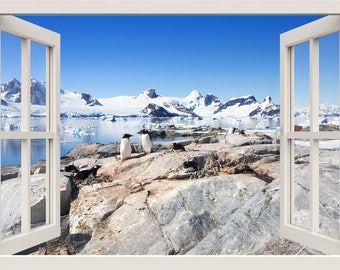 Penguins Wall Sticker, 3d Window Wall Decal, Penguins Wall Decal, Snow Iceberg Wall Decal, Window Frame Wall Sticker, Home Living Room Decor