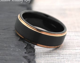 Promise Ring, Mens Promise Ring Rose Gold, Mens Ring, Black Tungsten with Rose Gold Edge Ring, Free Laser Engraving Include