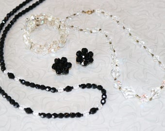 Lot of Vintage Black Faceted Beaded Necklace and Earrings, Clear Crystal Bead Necklace and Bracelet