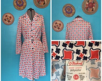 1970s St Michael Red, White & Blue Patterned Belted Day Dress size 12