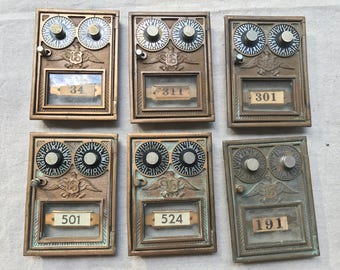 Antique brass post office mailbox door, double dial with US eagle - Small