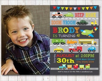 Invitación de cumpleaños de transporte, transporte invitar, pizarra, invitación de la foto, para imprimir