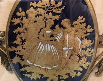 Genuine Limoges China Procelain Medallion Cobalt/24 KT Gold Rim France Sungott Art Studios NY #372