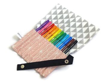Wallet case for pencils (or felt end) roll - powder pink geometric pattern