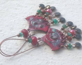 Copper earrings - red and blue and celadon Green