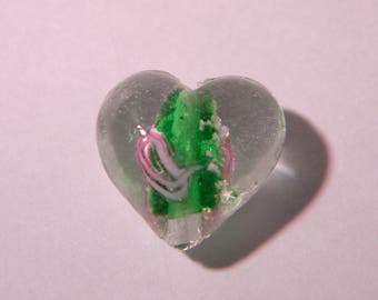 2 beads heart 15 mm - phorphorescente glass lampwork handmade hand-dark-green-PE300-5