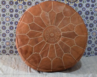 Moroccan pouf, round ottoman giant leather poufs, handmade light tan footstool, flower leaf design