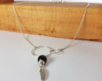 Necklace chain jaseron, intertwined rings, feather, tassel rites in 925 sterling silver and gemstone onyx women's clothing