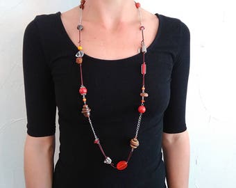 Necklace Orange Brown coconut wood beads