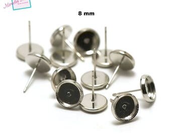 10 support cabochon 8 mm "round" earring chip, silver, right