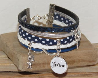 Personalized Bracelet with the name of your choice, leather, bias peas, suede, Navy Blue, white and silver