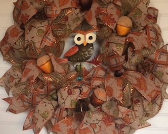 Fall Wreath, Front Door Wreath, Deco Mesh Wreath, Burlap Wreath, Wreath, Welcome Wreath, Wreath for Front Door, Owl Wreath