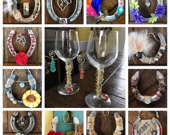 Real decorated horseshoes made with an artistic flair. From western to classy to Derby themed, these horseshoes are unique. A great gift!