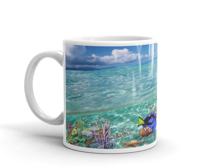 Finding Clown Fish Mug, Looking for a fish cup, not rhyming with Remo, Movie Parody Coffee Cup Design, Underwater Seascape Cup, Coffee Gift