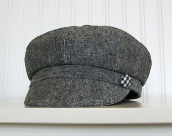 Womens Newsboy Hat in Black Linen - Newsboy Cap - Womens Hats - Made To Order