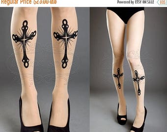 SALE///endsAug22/// Cross tattoo tights / stockings / full length / pantyhose / nylons LIGHT MOCHA tattoosocks