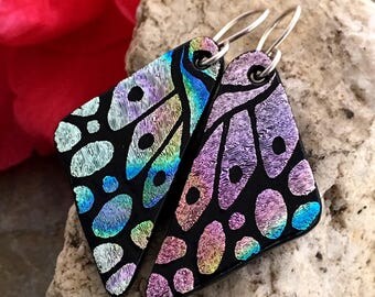 DICHROIC EARRINGS Butterfly Wings Pastel Rainbow Hand Etched Fused Glass with Sterling Silver Hooks