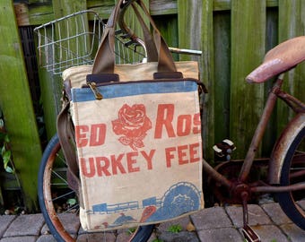 Red Rose - Turkey Feed - Minnesota - Americana Vintage Seed Feed Sack Book Tote W- OOAK Canvas & Leather Tote... Selina Vaugha
