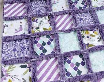 Mermaid Quilt - Mermaid Blanket - Purple Minky Rag Quilt - Mermaid Bedding - Mermaid Baby Gift - Minky Quilt - Baby Girl Crib Quilt