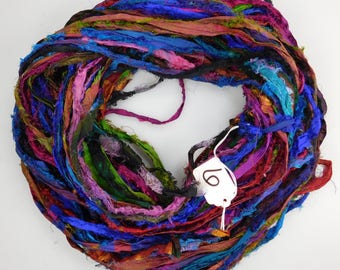 Sari Silk Ribbon, Recycled Silk Sari Ribbon, multi color Fuzzy ribbon, washed ribbon, weaving supply, knitting supply, rug supply