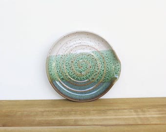 Stoneware Pottery Spoon Rest in Sea Mist and White Glazes