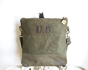 Recycled military canvas crossbody, iPad flat bag - U.S. ombre olive - eco vintage fabrics