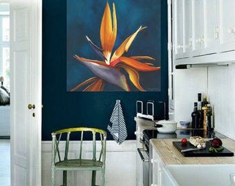 Bird-of-Paradise Flower Painting - Bright Colorful Teal Background Floral Wall Art String Art Oiseau de Paradis