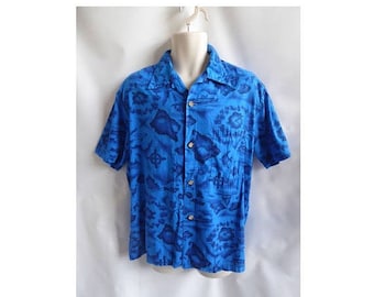 Vintage Hawaiian Shirt Size L Blue Map Plane Cotton Luau 50s 60s Sail boat fish