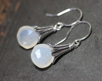 Moonstone Earrings Silver Petal Cap Rustic Jewelry White Moonstone Earrings